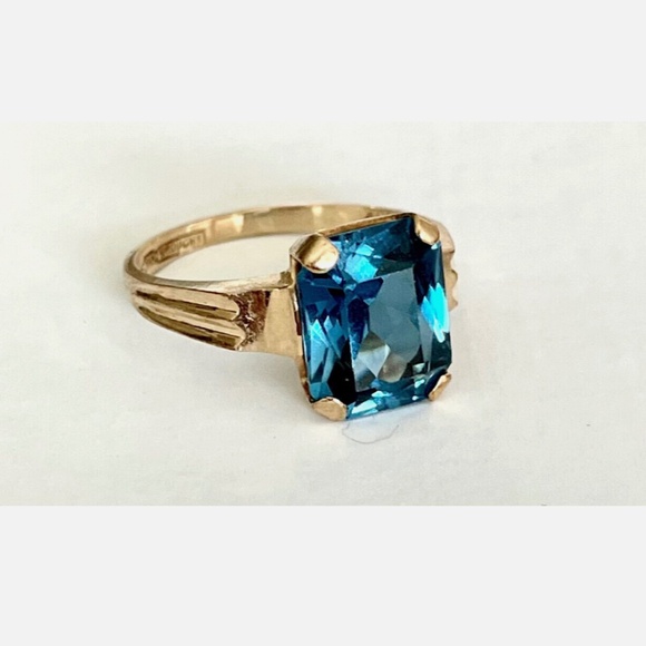 Vintage London Blue Topaz 10K Gold Ring 4.5ct Size 6 Retro Jewelry - Picture 9 of 11